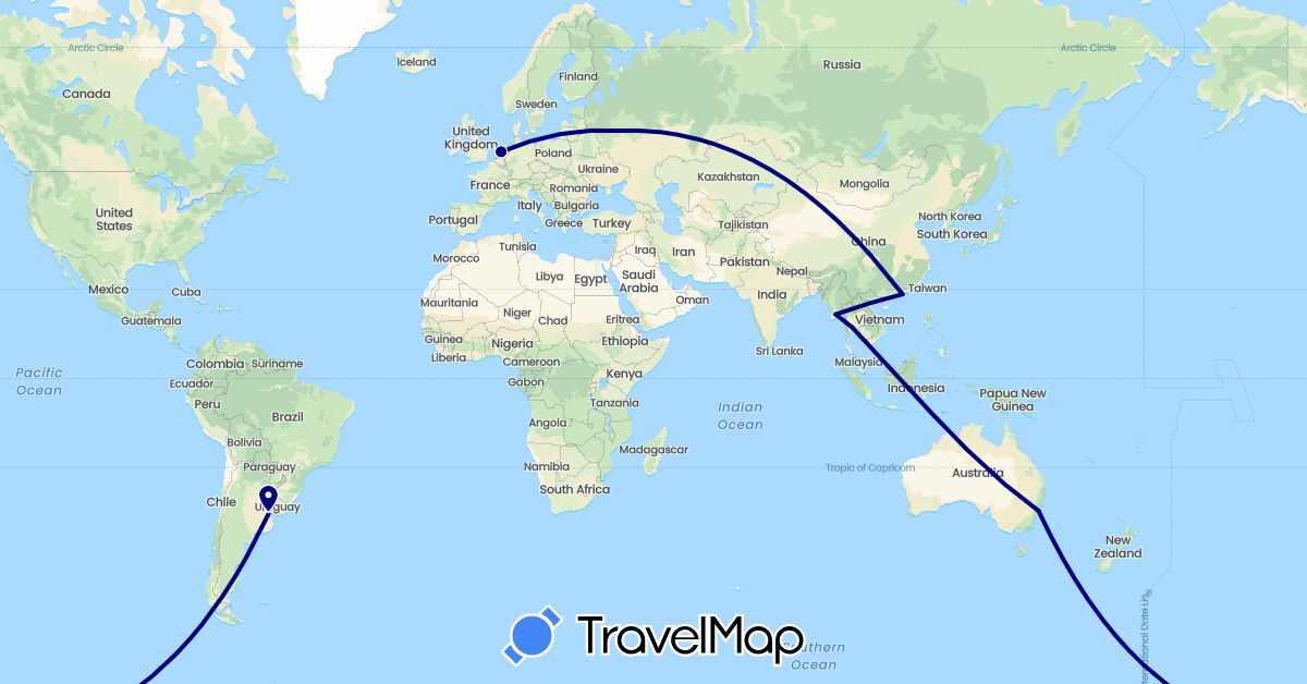 TravelMap itinerary: driving in Argentina, Australia, China, Myanmar (Burma), Netherlands, Russia, Thailand (Asia, Europe, Oceania, South America)